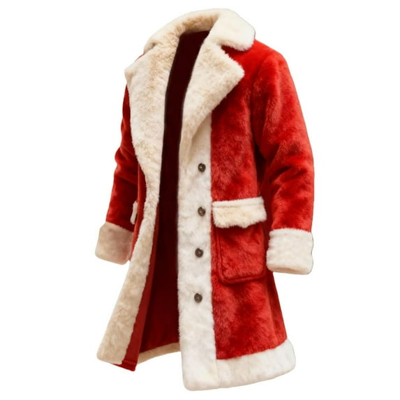 shoper Santa Jacket for Men Patchwork Contrast Color Christmas Faux Fur Collar Jacket Christmas Long Cardigan Fuzzy Flannel Jackets Winter Warm Coat Xmas Holiday Outwear with Pocket Unisex Red