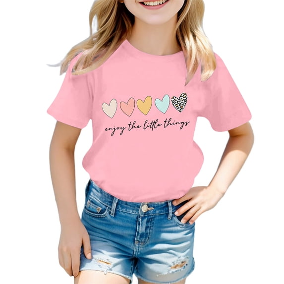 shoper Shirt for Girl Crew Neck Shirt Sport Short Sleeve Printed Pattern Vacation Tops T Shirts for Girls Pink 130