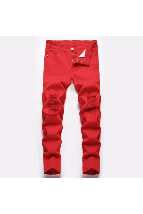 Skinny Boy's Stretch Comfy Ripped Jeans Stylish Distressed Washed Denim Jeans Pants Boys Trouses Watermelon Red 7