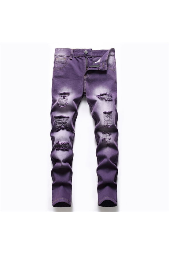 Fit Boy's Jeans Pants Ripped Destroyed Distressed Stretch Slim Toddler Trouses Purple 16