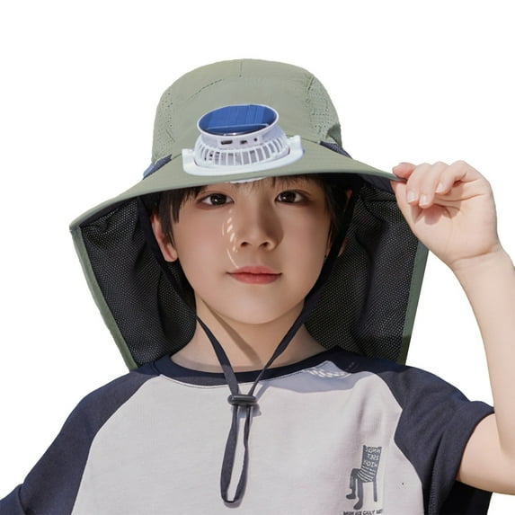 shoper Solar Fan Hat for Kids Wide Brim For Sun Lightweight & Adjustable & Breathable for Boys and Girls Size 3-12Y Army Green One Size