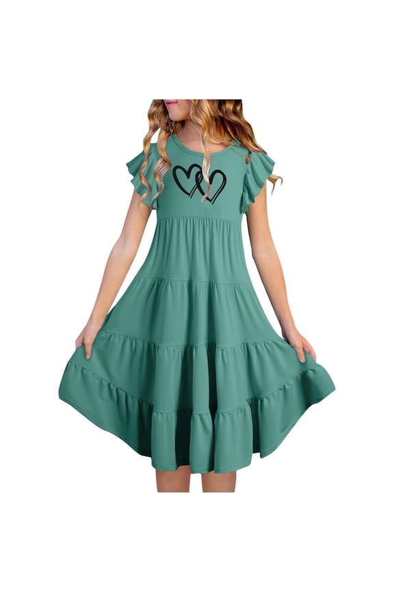 Spring Dresses for Girls 14-16 Ruffled Sleeve Crew Neck Heart Print Tiered Comfortable Dresses for Girls 2025 Girl Birthday Party Dress Dark Green 130
