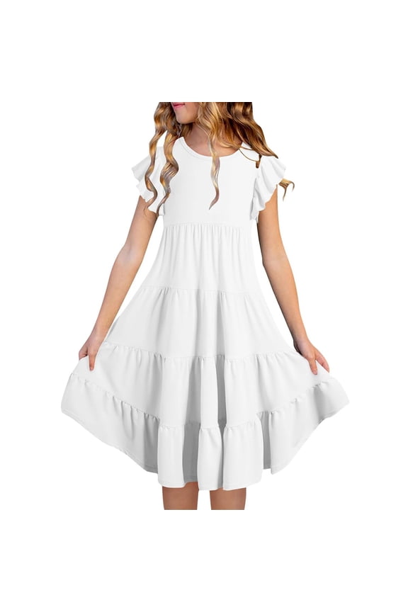 Spring Dresses for Girls 14-16 Ruffled Sleeve Solid Color Crew Neck A-Line Flowy Summer Dress Girls Flower Girl Communion Dress White 160