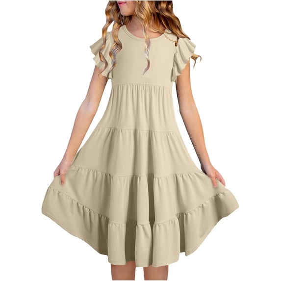 shoper Spring Dresses for Girls Size 6 Ruffled Sleeve Solid Color Crew Neck Swing Flowy Summer Dresses Girls Holiday Party Dress Khaki 120