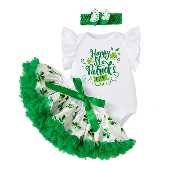 shoper St Patrick's Day Girls Two Piece Set Ribbed Flutter Sleeve Romper with Shamrock Print Outfit for Toddler, St Patricks Day Outfits Baby Dress Set