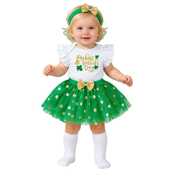shoper St Patrick's Day Girls Two Piece Set Ribbed Flutter Sleeve Romper with Shamrock Print Outfit for Toddler, St Patricks Day Outfits Baby Dress Set