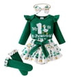 thumbnail image 1 of shoper St Patrick's Day Girls Two Piece Set Ribbed Flutter Sleeve Romper with Shamrock Print Outfit for Toddler, St Patricks Day Outfits Baby Dress Set, 1 of 9