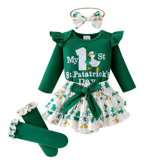 shoper St Patrick's Day Girls Two Piece Set Ribbed Flutter Sleeve Romper with Shamrock Print Outfit for Toddler, St Patricks Day Outfits Baby Dress Set