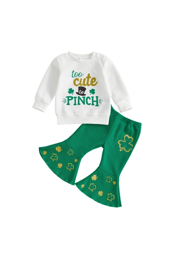 St Patrick's Day Girls Two Piece Set Ribbed Long Sleeve Hoodie and Flared Pants with Letter Print Outfit for Toddler, 4T Girls Outfits