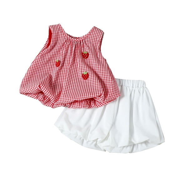 shoper Stylish Summer Girls Outfits Toddler Sleeveless Plaid Vest Top with Shorts Strawberry Embroidery Casual Playwear Set, Lightweight Girls' Outfits
