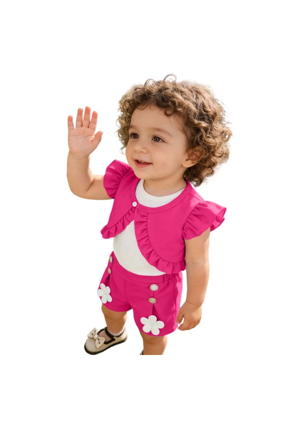 Stylish Toddler Girls Outfit Set with Flutter Sleeve Ruffled Coat Vest and Floral Shorts, Casual Girls' Outfits