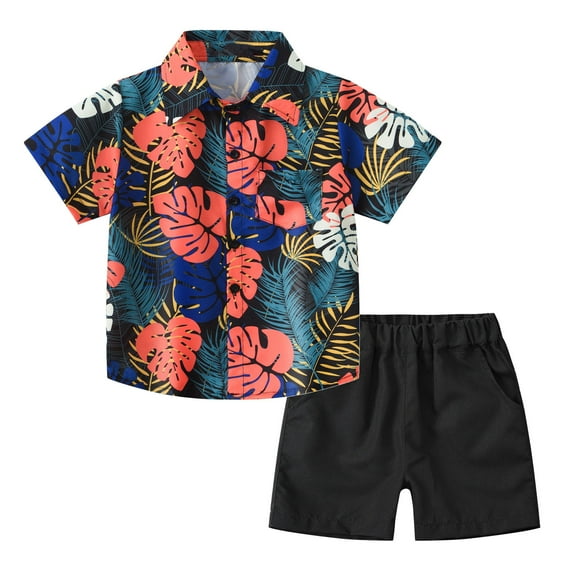 shoper Summer Outfits for Boys Size 6 Collared Cartoon Print Cotton Short Sleeve Button Down Shirt and Shorts Loose Short Set Summer Outfit 2pcs Black 90