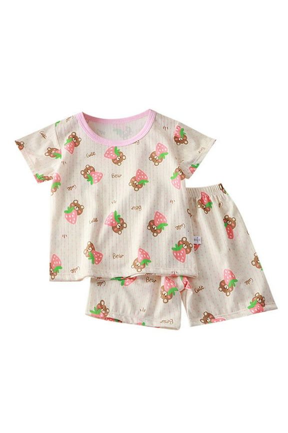 Summer Outfits for Girls Crew Neck Cartoon Print Cotton Short Sleeve T-Shirts and Shorts Cute Girls' Two-Piece Sets Stylish Girls' Summer Clothing Sets Pink 130