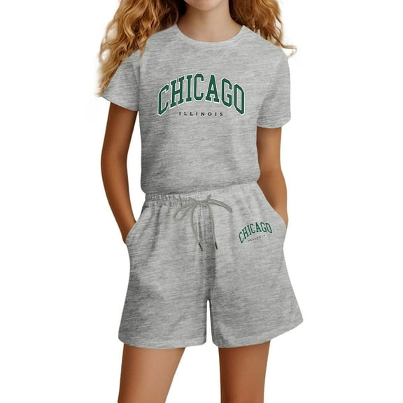 shoper Summer Outfits for Girls 6-7 Cotton Letter Print Short Sleeve T-Shirt and Shorts Trendy Children's Fashion Shorts Set 2 Piece Grey 150