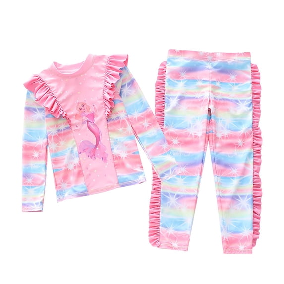 shoper Swimming Suit for Girls Girls Long Sleeve Swimsuit with Flounce Hem Sun Swimwear for Toddler To Big Kid Light Pink 6-7 Years
