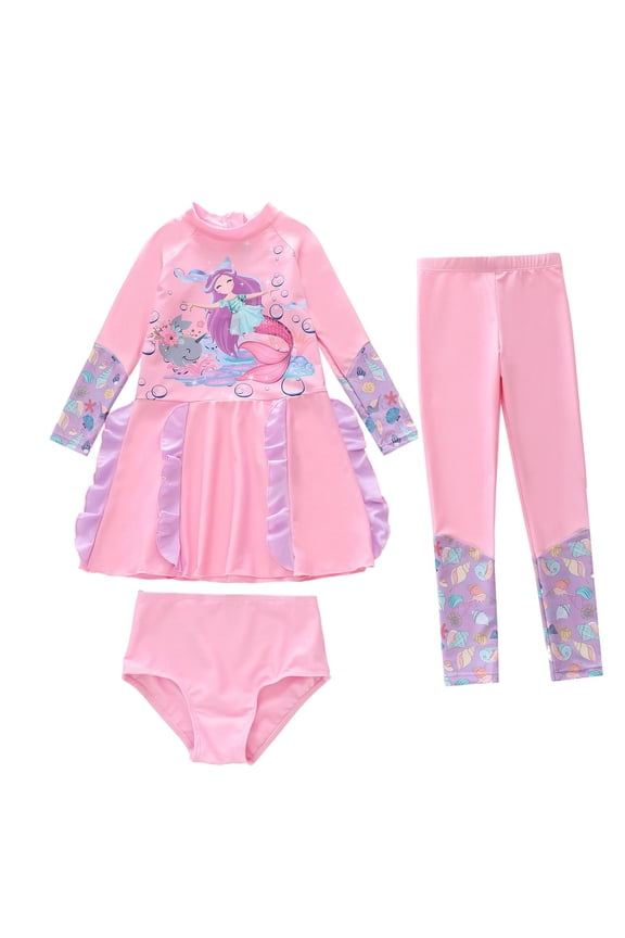 Swimsuit for Girls 10 12 UPF 50+ Sun Swimwear Long Sleeve Rash Guard and Swim Pants for Girls with Matching Bikini Top Pink1 9-10 Years