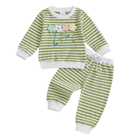 shoper Toddler Baby Girl Boys Clothes Floral Embroidery Striped Waffle Knit Crewneck Long Sleeve Sweatshirt Pant Set Fall Toddler Baby Clothes