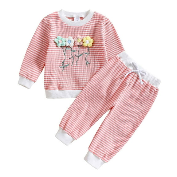 shoper Toddler Baby Girl Boys Clothes Floral Embroidery Striped Waffle Knit Crewneck Long Sleeve Sweatshirt Pant Set Fall Toddler Baby Clothes
