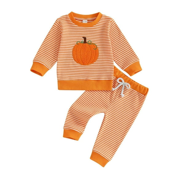 shoper Toddler Baby Girl Boys Clothes Halloween Embroidery Striped Waffle Knit Crewneck Long Sleeve Sweatshirt Pant Set Fall Toddler Baby Clothes
