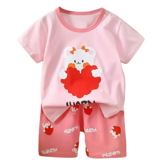 shoper Toddler Boy Summer Outfit Cartoon Print Crew Neck Breathable Short Sleeve Tee and Shorts Cute Children's Fashion 2pcs Clothing Set Pink 90
