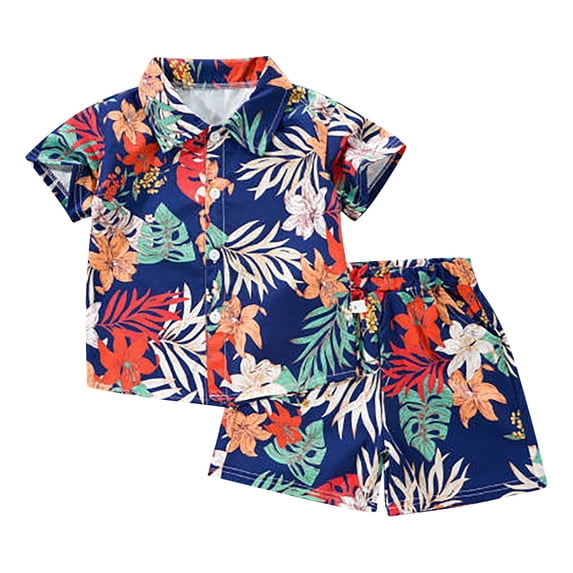 shoper Toddler Boys Short Sets Button Up Shirt Printed Short Sleeve Tee and Shorts Soft School Wear 2pcs Boys Summer Beach Daily Outfit Blue 100