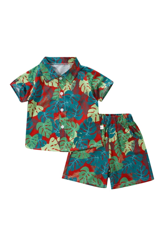 Toddler Boys Short Sets Button Up Shirt Printed Short Sleeve Tee and Shorts Soft School Wear 2pcs Boys Summer Beach Daily Outfit Green 90