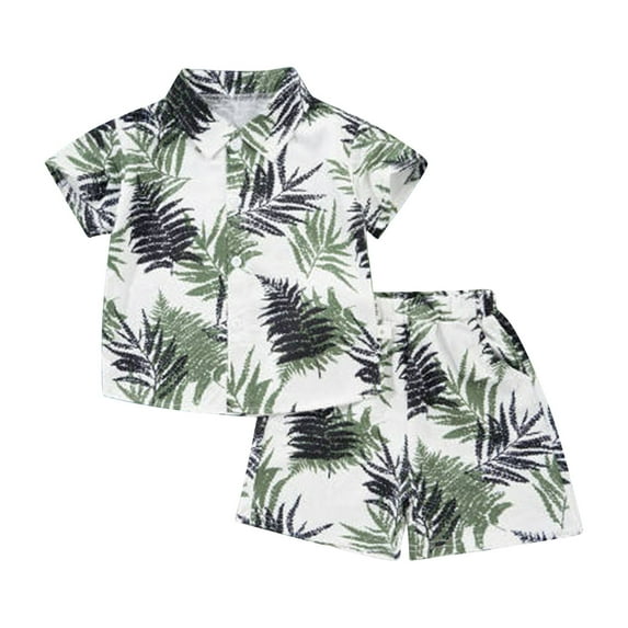 shoper Toddler Boys Short Sets Button Up Shirt Printed Short Sleeve Tee and Shorts Soft School Wear 2pcs Boys Summer Beach Daily Outfit Green 90