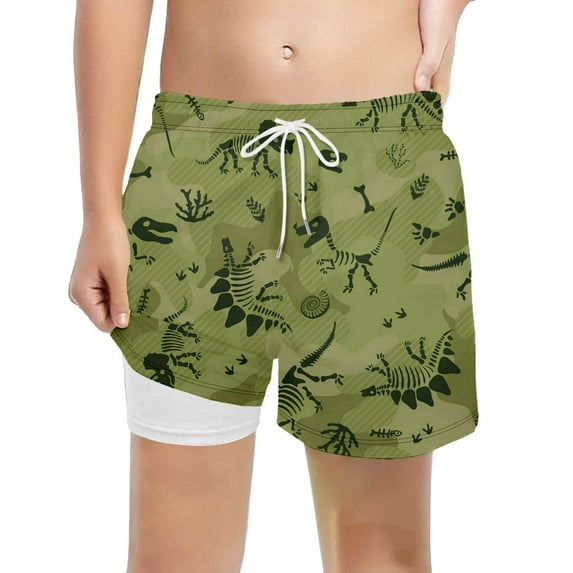 shoper Toddler Boys Swim Trunks with Compression Liner Quick Dry Boys Stretch Swimsuit Shorts Swimming Trunks Bathing Suit Army Green 7T