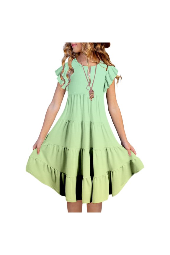 Toddler Dresses 3t Ruffled Sleeve Crew Neck Gradient Color Swing Comfortable Summer Dresses Girls Holiday Party Dress Light Green2 140