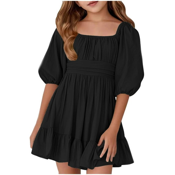 shoper Toddler Dresses 3t Square Neck Short Sleeve Adorable Summer Dresses for Girls Prefer for Birthday Party Summer Maxi Dress for 5-14 Years Black 150