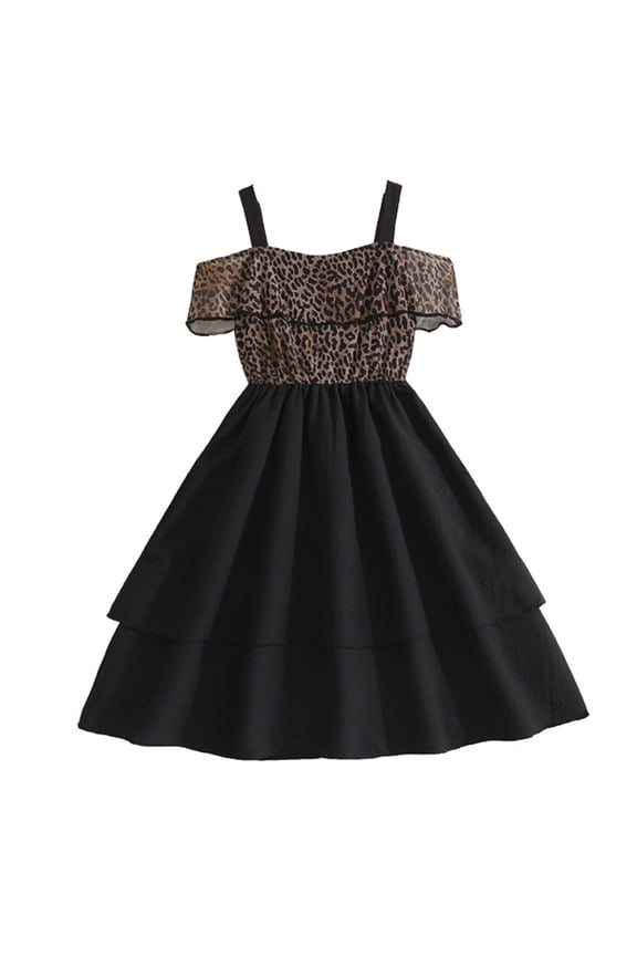 Toddler Flower Dress, Fashion Girls Tiered Ruffled Leopard Print Off Shoulder Party Dress with Strap Design for