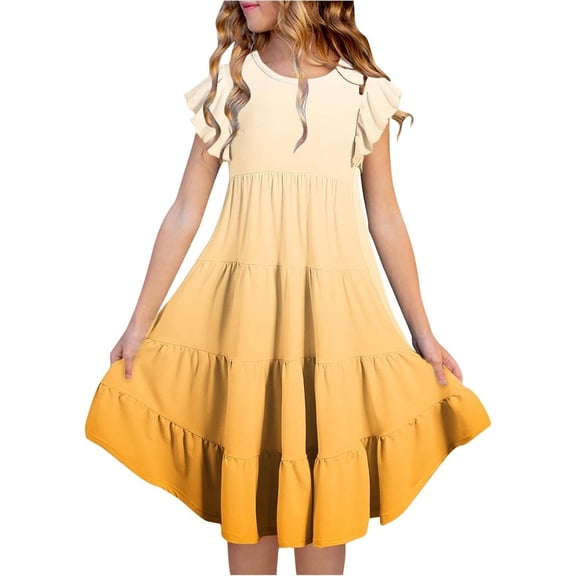 shoper Toddler Girl Dresses 2t Ruffled Sleeve Crew Neck Gradient Color A-Line Flowy Casual Dresses Girl Birthday Party Dress Yellow 120