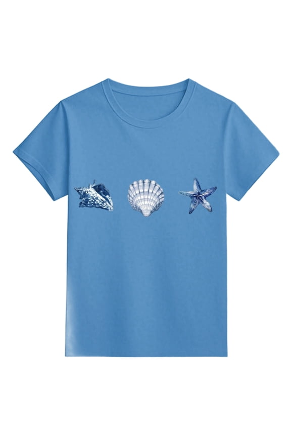 Toddler Girl Tops 4t Short Sleeve Printed Pattern Round Neck Shirt Comfy Summer Tops T-Shirts Toddler To Big Kid Blue 110