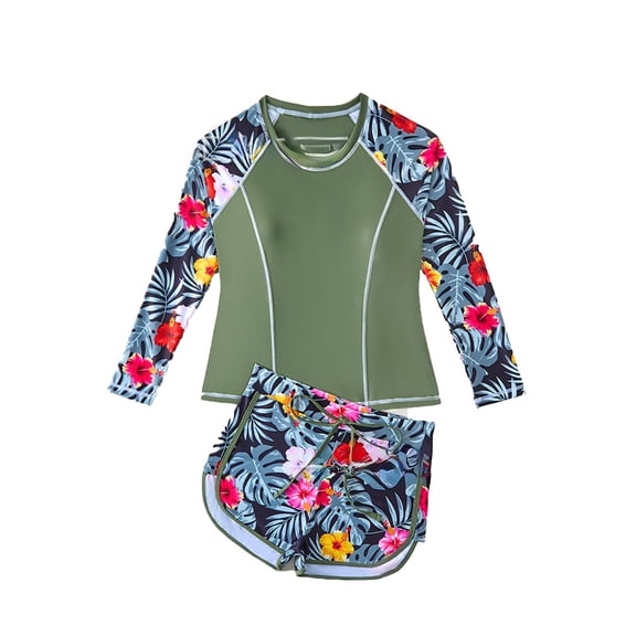 shoper Toddler Girls Long Sleeve Swimsuit Rash Guard Set Summer Beach Breathable Tankini with UPF 50+ Sun Protection Army Green S