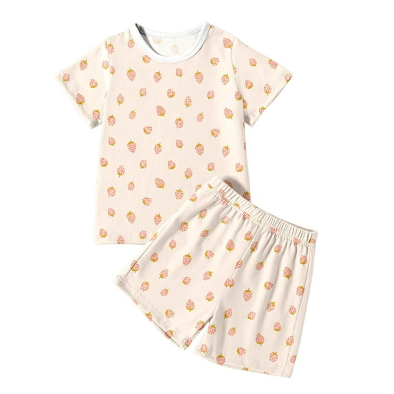 shoper Toddler Outfits for Girls 2t Strawberry Print Crew Neck Short Sleeve T-Shirts Top + Shorts Trendy Home Clothes Casual Outfit for Teens Pink 90