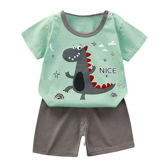 shoper Toddler Summer Clothes Boys Cartoon Animal Print Crew Neck Soft Short Sleeve Tee and Shorts Comfy Casual Wear Shorts Set 2 Piece Green 130