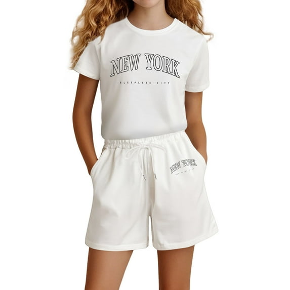 shoper Toddler Summer Clothes Girls 2t Lightweight Letter Print Short Sleeve T-Shirt and Shorts Stylish Kids' Apparel 2pcs Clothing Set White 150