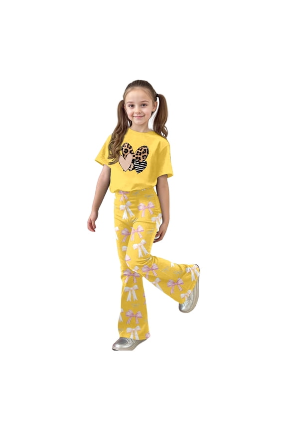 Toddler Summer Clothes Girls 3t Cute Print Short Sleeved T Shirt and Valentines Day Pant 2-Piece Set Crew Neck Trendy Valentines Day Weekend Set Preppy Clothes