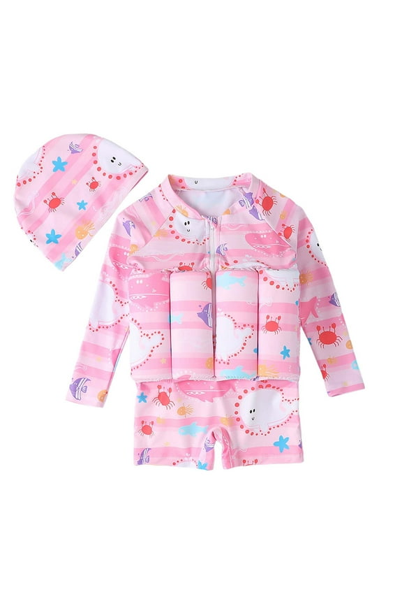 Toddler Swim Vest Floaties One Piece Swimsuit with Caps Zipper Boys and Girls Kids Swim Vest Pink 90