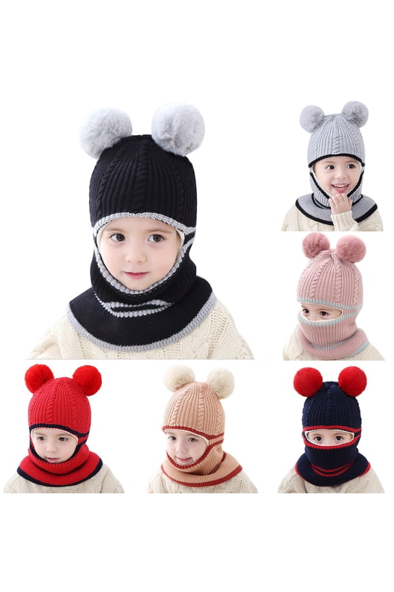 Toddler Winter Hat Baby Balaclava 2 in 1, Lined Knitted Beanie with Face Mask, Ear Flaps & Pom Pom for Boys Girls Daily Outdoor Ski Wear 2-5T
