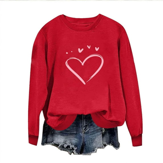 shoper Valentines Sweatshirts for Women Love Heart Graphic Pullover Crewneck Long Sleeve Tops Valentines Day Clothes