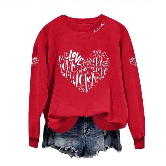 shoper Valentines Sweatshirts for Women Love Heart Graphic Pullover Crewneck Long Sleeve Tops Valentines Day Clothes