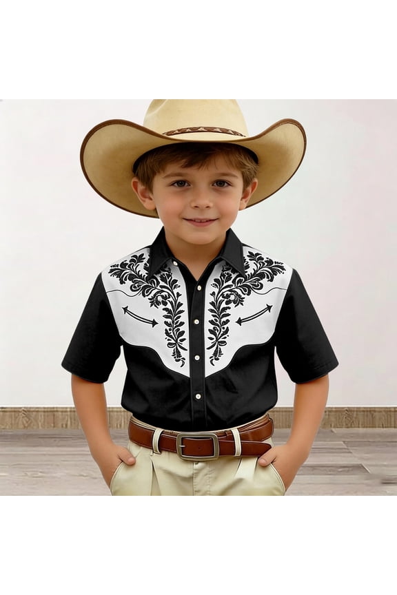Western Cowboy Shirts for Boys Retro Print Western Country Shirt Kids Short&Long Sleeve Cowboy Collared Button Down Tops