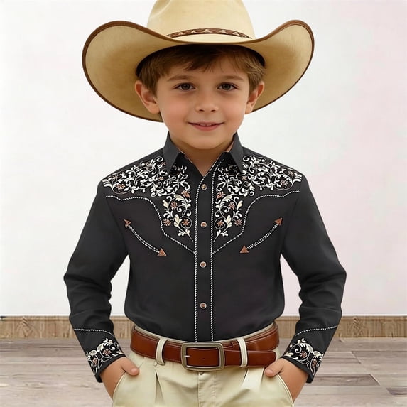 shoper Western Cowboy Shirts for Boys Retro Print Western Country Shirt Kids Short&Long Sleeve Cowboy Collared Button Down Tops