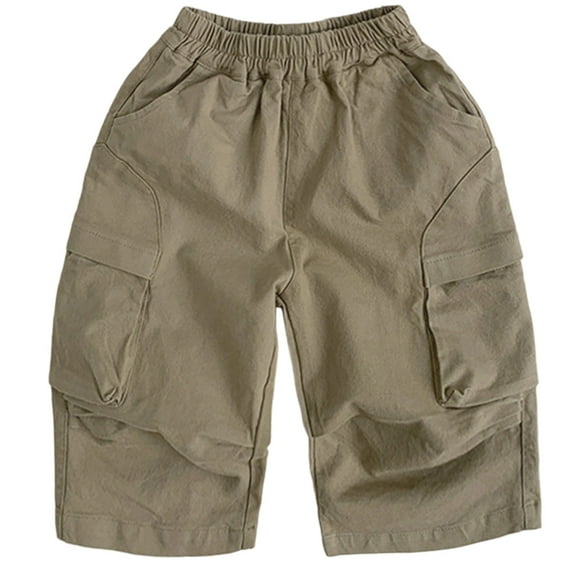 shoper Wide Leg Cotton Shorts for Boys Elastic High Waisted Pleated Casual Loose Back to School Shorts Khaki 110