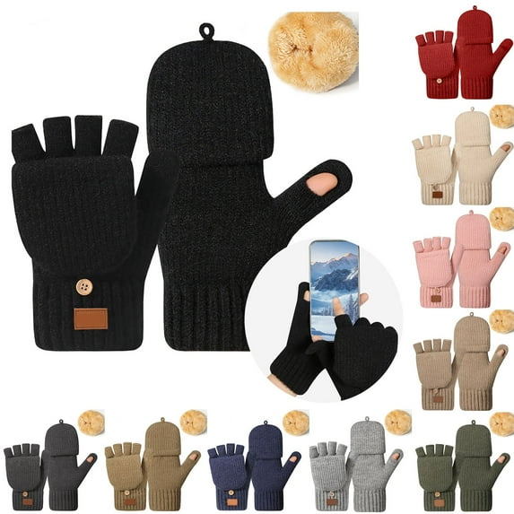 shoper Winter Thermal Fingerless Gloves Mittens, Knitted Convertible Mittens Flap, Warm Gloves wioth Flap Cover for Women and Men
