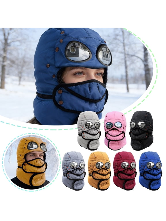 Winter Thermal Trapper Hat with Goggles, Beanie with Glasses Winter Cycling Windproof Ski Mask Cap, Adjustable for Women Men
