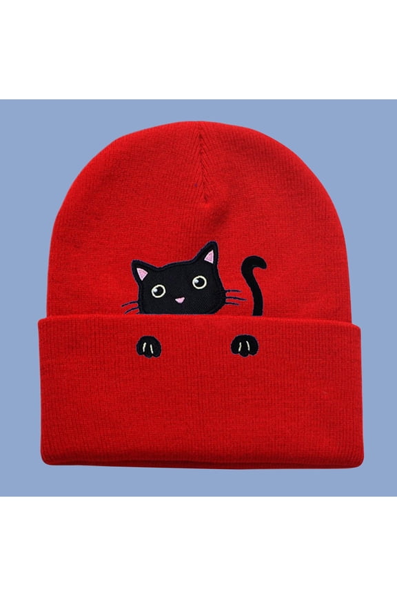 Women’s Cat Beanie Cute Cat Lover Gifts Animal Knitted Hats Embroidered Cuffed Skull Caps for Animal Lover