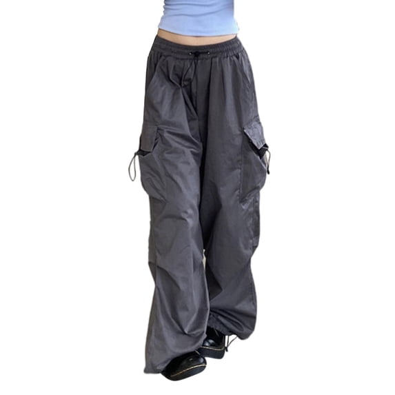 shoper Women's Plus Size Camo Cargo Pants High Waist Adjustable Straight Relaxed Fit Baggy Parachute Hiking Pants with Pocket (Grey,XL)