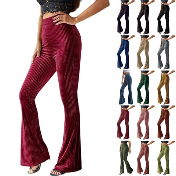 shoper Women's Velvet Elastic Waist Flare Leg Palazzo Long Pants Trousers